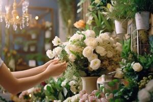 un mujer recoge un ramo de flores en un flor tienda. generativo ai tecnología. foto