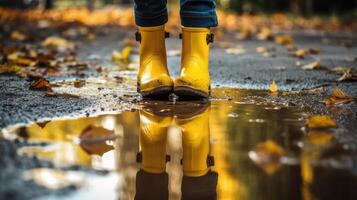 para niños pies en amarillo caucho botas caminar mediante un charco. generativo ai tecnología. foto