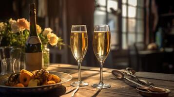Romantic dinner with champagne. technology. photo