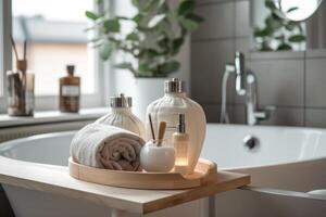 Towel and cosmetics in a bright bathroom. technology. photo