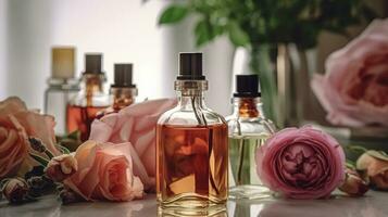 Rosa esencial aceite. aromaterapia generativo ai tecnología. foto