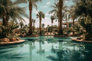Hotel, swimming pool and palm trees. Rest. Generative AI technology. photo