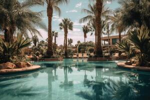 Hotel, swimming pool and palm trees. Rest. technology. photo