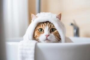 el gato es baños en el baño. generativo ai tecnología. foto