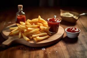 French fries and ketchup on a wooden table. technology. photo