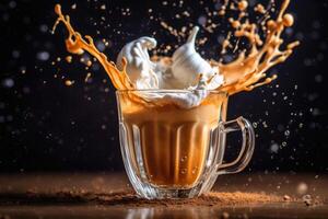 A cup of coffee with milk on a dark background. technology. photo