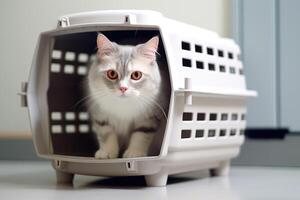 A pet cat in an animal carrier. technology. photo