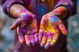 de acebo multi de colores pinturas en su manos. generativo ai tecnología. foto