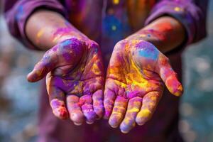 Holly's multi colored paints on her hands. Generative AI technology. photo