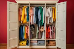 Women's clothes in the closet. Generative AI technology. photo