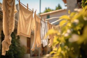 Things are hanging on a rope. Clothes dry in the air. Generative AI technology. photo