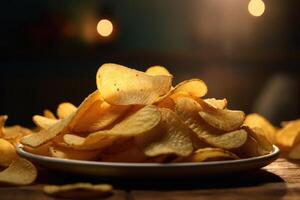 Chips close-up on a wooden background. Generative AI technology. photo