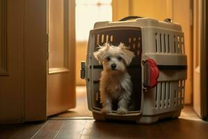A pet dog in an animal carrier. Generative AI technology. photo