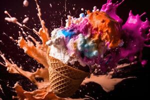 Ice cream in waffle cup. technology. photo