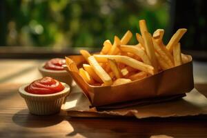 French fries and ketchup on a wooden table. technology. photo