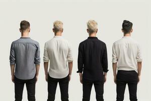Men with different hairstyles on a white background. Generative AI technology. photo