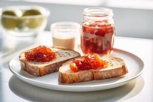 Toast with jam on the table. Breakfast. technology. photo
