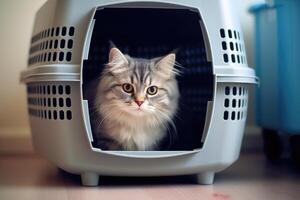 A pet cat in an animal carrier. Generative AI technology. photo