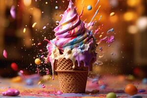 Ice cream in waffle cup. technology. photo