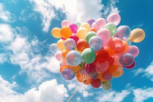 Colorful balloons in the sky. Generative AI technology. photo