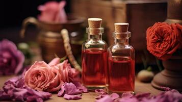 Rose essential oil. Aromatherapy. Generative AI technology. photo