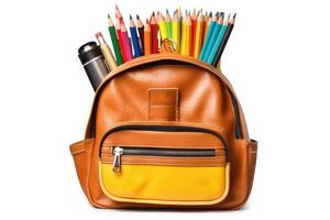 Colored pencils in backpack on a white background, isolated. Generative AI technology. photo