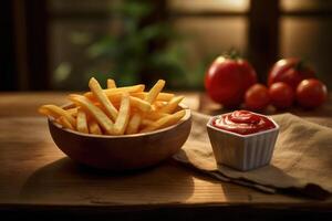 French fries and ketchup on a wooden table. technology. photo