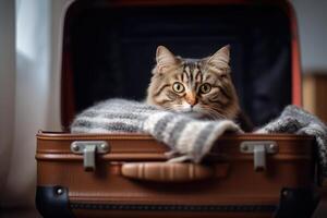 The cat is sitting in a suitcase for traveling. technology. photo