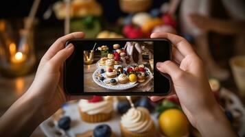 A woman photographs a healthy breakfast for a blog. Generative AI technology. photo