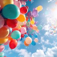 Colorful balloons in the sky. Generative AI technology. photo