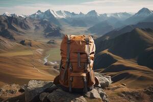 Hiking backpack on the background of mountains. Generative AI technology. photo