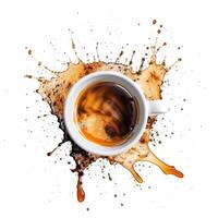 A spilled cup of coffee on a white background. Generative AI technology. photo