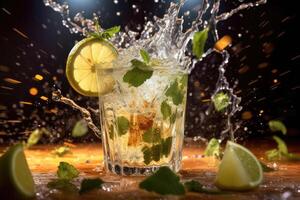 Mojito cocktail with ice on a black background. technology. photo