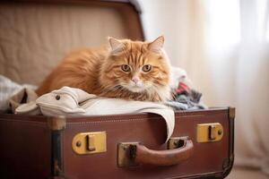 The cat is sitting in a suitcase for traveling. technology. photo