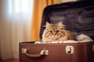 The cat is sitting in a suitcase for traveling. technology. photo