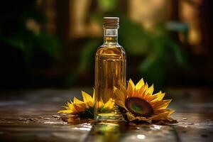 Sunflower oil on a wooden table. Generative AI technology. photo