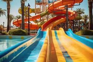 Water slides in the water park. Generative AI technology. photo