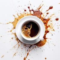 A spilled cup of coffee on a white background. Generative AI technology. photo