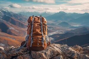 Hiking backpack on the background of mountains. Generative AI technology. photo