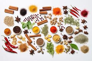 Various spices on a white background. technology. photo