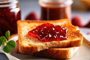 Toast with jam on the table. Breakfast. Generative AI technology. photo