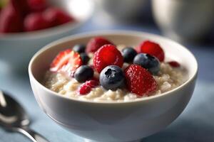 Oatmeal porridge on the table. Breakfast. Generative AI technology. photo