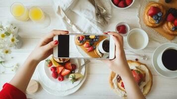 A woman photographs a healthy breakfast for a blog. Generative AI technology. photo