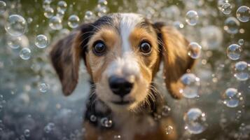 The dog is bathing in the bathroom. Generative AI technology. photo