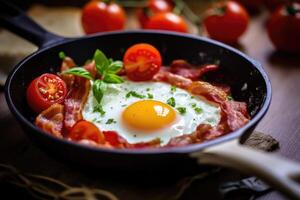 Fried eggs with bacon in a frying pan. Breakfast. technology. photo