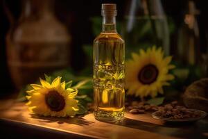 Sunflower oil on a wooden table. Generative AI technology. photo