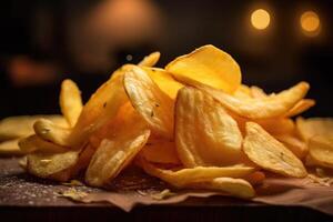 Chips close-up on a wooden background. Generative AI technology. photo