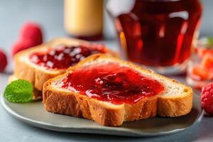 Toast with jam on the table. Breakfast. technology. photo