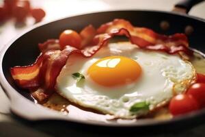 Fried eggs with bacon in a frying pan. Breakfast. technology. photo