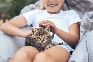 un niño sostiene un pequeño gatito y golpes él. tonificado imagen. foto